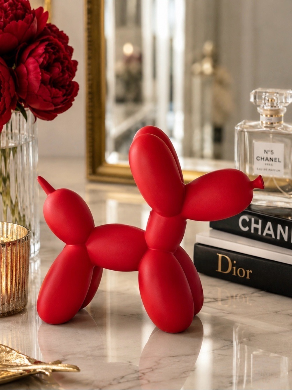 Matte Red Balloon Dog Sculpture Modern Luxe Home Decor Resin Display Figurine
